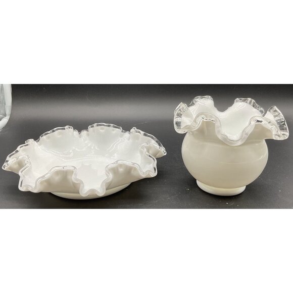 Vintage Silvercrest Fenton Vase & Dish Milk Glass 4"H x 7.5"D - Picture 7 of 7